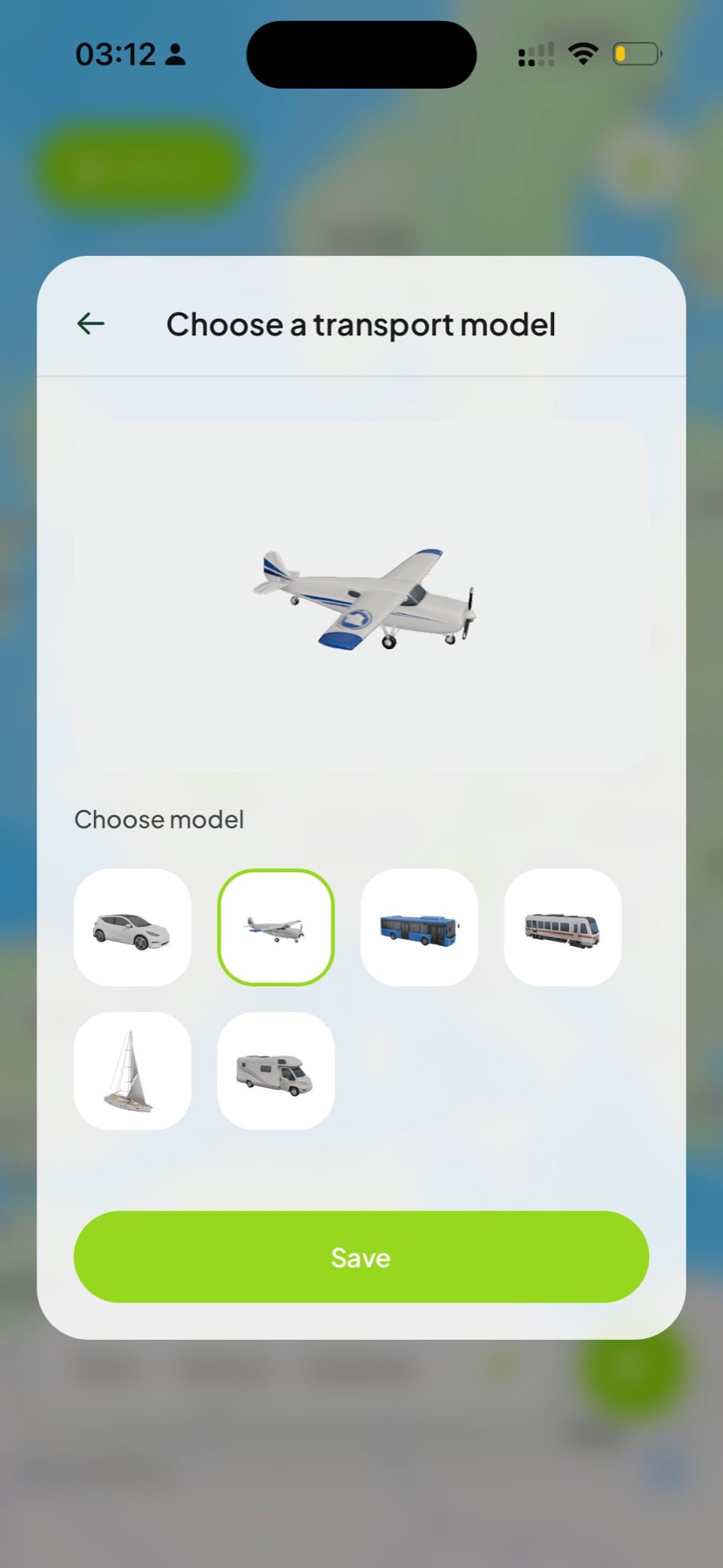 Plane, car, bus, train, boat and motorhome model choices in Roam Reels